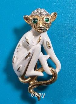 Vintage Trifari Monkey Brooch White Enamel Green Rhinestone Alfred Philippe