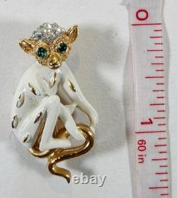 Vintage Trifari Monkey Brooch White Enamel Green Rhinestone Alfred Philippe
