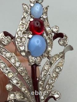 Vintage Trifari Philippe Moonstone Glass Cabochons Flower Fur Clip Brooch 1940-s