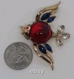Vintage Trifari Red Glass Jelly Belly Fish Brooch 1952 Alfred Philippe