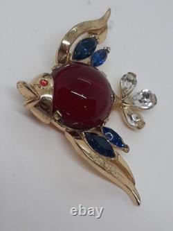 Vintage Trifari Red Glass Jelly Belly Fish Brooch 1952 Alfred Philippe