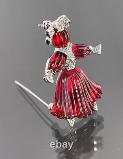 Vintage Trifari Rhinestone Molded Red Glass Pom-Pom Rag Doll Brooch