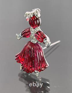 Vintage Trifari Rhinestone Molded Red Glass Pom-Pom Rag Doll Brooch