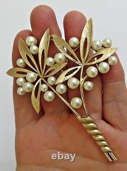 Vtg 50s Crown Trifari Alfred Philippe Faux Pearl Flowers Brooch Pin HUGE! RARE