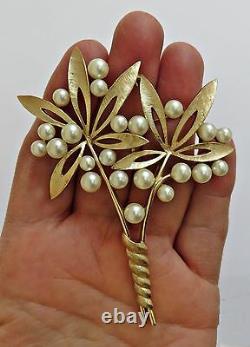 Vtg 50s Crown Trifari Alfred Philippe Faux Pearl Flowers Brooch Pin HUGE! RARE