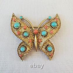 Vtg Alfred Philippe Crown TRIFARI Gold Coral Turquoise Butterfly Brooch