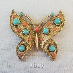 Vtg Alfred Philippe Crown TRIFARI Gold Coral Turquoise Butterfly Brooch