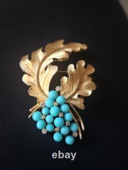 Vtg Alfred Philippe Crown Trifari Gold Tone & Faux Turquoise Beaded Brooch Pin