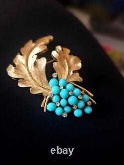 Vtg Alfred Philippe Crown Trifari Gold Tone & Faux Turquoise Beaded Brooch Pin