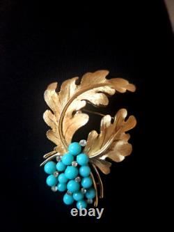 Vtg Alfred Philippe Crown Trifari Gold Tone & Faux Turquoise Beaded Brooch Pin