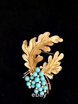 Vtg Alfred Philippe Crown Trifari Gold Tone & Faux Turquoise Beaded Brooch Pin