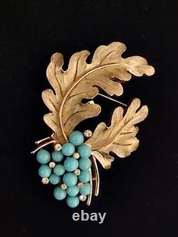 Vtg Alfred Philippe Crown Trifari Gold Tone & Faux Turquoise Beaded Brooch Pin