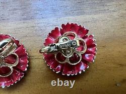 Vtg Alfred Philippe Crown Trifari Red Enamel Flower Poppy Clip Earrings