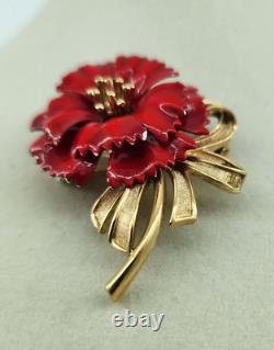 Vtg Alfred Philippe Crown Trifari Red Enamel Flower Poppy Pin Brooch Gold Tone
