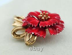Vtg Alfred Philippe Crown Trifari Red Enamel Flower Poppy Pin Brooch Gold Tone