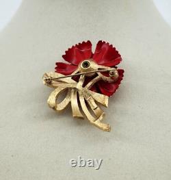 Vtg Alfred Philippe Crown Trifari Red Enamel Flower Poppy Pin Brooch Gold Tone