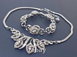 Vtg Alfred Philippe Crown Trifari White Rhinestone Silver Necklace Bracelet Set