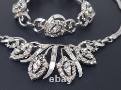 Vtg Alfred Philippe Crown Trifari White Rhinestone Silver Necklace Bracelet Set