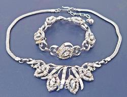 Vtg Alfred Philippe Crown Trifari White Rhinestone Silver Necklace Bracelet Set