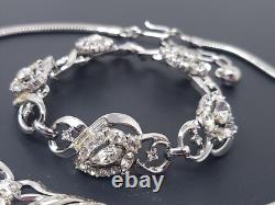 Vtg Alfred Philippe Crown Trifari White Rhinestone Silver Necklace Bracelet Set