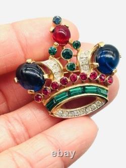 Vtg Alfred Philippe TRIFARI Red Blue Green Cabochon Jelly Belly Crown Brooch Pin