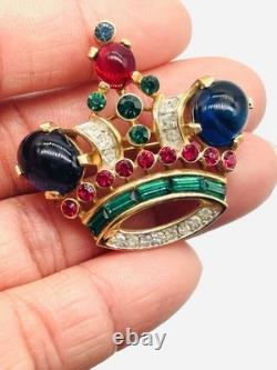 Vtg Alfred Philippe TRIFARI Red Blue Green Cabochon Jelly Belly Crown Brooch Pin