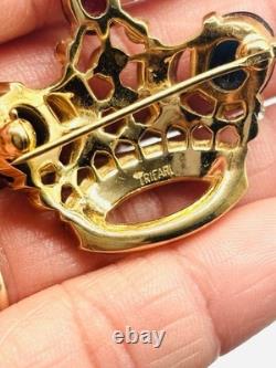 Vtg Alfred Philippe TRIFARI Red Blue Green Cabochon Jelly Belly Crown Brooch Pin