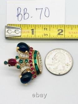 Vtg Alfred Philippe TRIFARI Red Blue Green Cabochon Jelly Belly Crown Brooch Pin