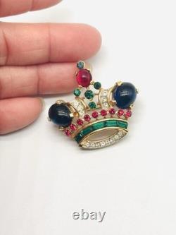 Vtg Alfred Philippe TRIFARI Red Blue Green Cabochon Jelly Belly Crown Brooch Pin