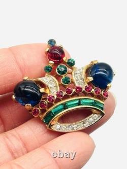 Vtg Alfred Philippe TRIFARI Red Blue Green Cabochon Jelly Belly Crown Brooch Pin