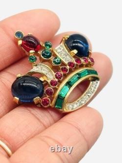 Vtg Alfred Philippe TRIFARI Red Blue Green Cabochon Jelly Belly Crown Brooch Pin