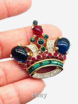 Vtg Alfred Philippe TRIFARI Red Blue Green Cabochon Jelly Belly Crown Brooch Pin