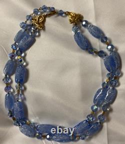 Vtg Crown TRIFARI Alfred Philippe Blue Glass Aurora Borilias Gold Tone Necklace