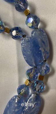 Vtg Crown TRIFARI Alfred Philippe Blue Glass Aurora Borilias Gold Tone Necklace