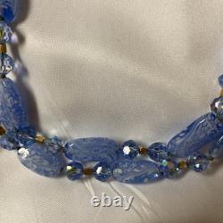 Vtg Crown TRIFARI Alfred Philippe Blue Glass Aurora Borilias Gold Tone Necklace