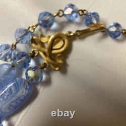 Vtg Crown TRIFARI Alfred Philippe Blue Glass Aurora Borilias Gold Tone Necklace