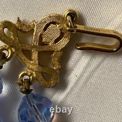 Vtg Crown TRIFARI Alfred Philippe Blue Glass Aurora Borilias Gold Tone Necklace