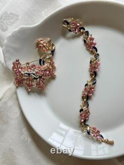 Vtg Crown TRIFARI Alfred Philippe Pink Rhinestone Blue Enamel Brooch Bracelet