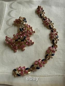 Vtg Crown TRIFARI Alfred Philippe Pink Rhinestone Blue Enamel Brooch Bracelet