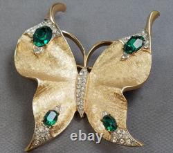 Vtg Crown TRIFARI Gold Green Rhinestone Butterfly Brooch-Alfred Philippe (A35)