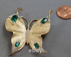 Vtg Crown TRIFARI Gold Green Rhinestone Butterfly Brooch-Alfred Philippe (A35)