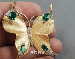 Vtg Crown TRIFARI Gold Green Rhinestone Butterfly Brooch-Alfred Philippe (A35)