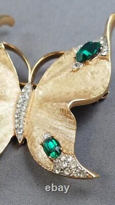 Vtg Crown TRIFARI Gold Green Rhinestone Butterfly Brooch-Alfred Philippe (A35)