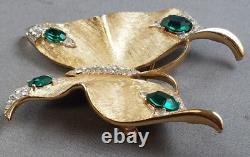 Vtg Crown TRIFARI Gold Green Rhinestone Butterfly Brooch-Alfred Philippe (A35)