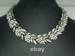 Vtg Crown Trifari ALFRED PHILIPPE Silver Tone Rhinestone Floral 13.75 Necklace