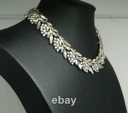 Vtg Crown Trifari ALFRED PHILIPPE Silver Tone Rhinestone Floral 13.75 Necklace