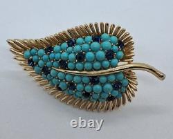 Vtg Crown Trifari A. Philippe Leaf Pin W Faux Turquoise & Sapphire Rhinestones