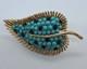 Vtg Crown Trifari A. Philippe Leaf Pin W Faux Turquoise & Sapphire Rhinestones
