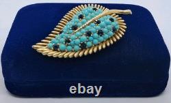 Vtg Crown Trifari A. Philippe Leaf Pin W Faux Turquoise & Sapphire Rhinestones