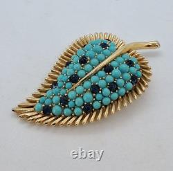 Vtg Crown Trifari A. Philippe Leaf Pin W Faux Turquoise & Sapphire Rhinestones